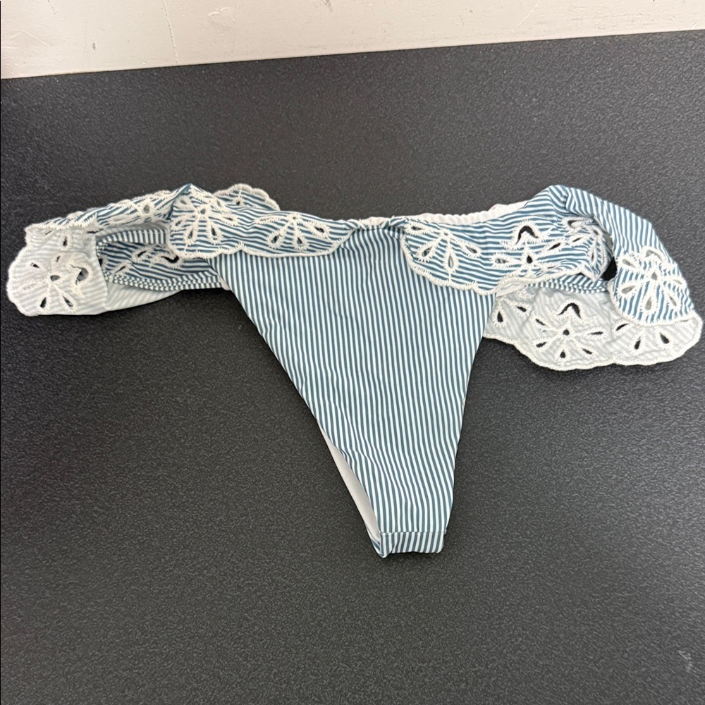 Striped Blue and White Bikini Bottom with Lace Trim
